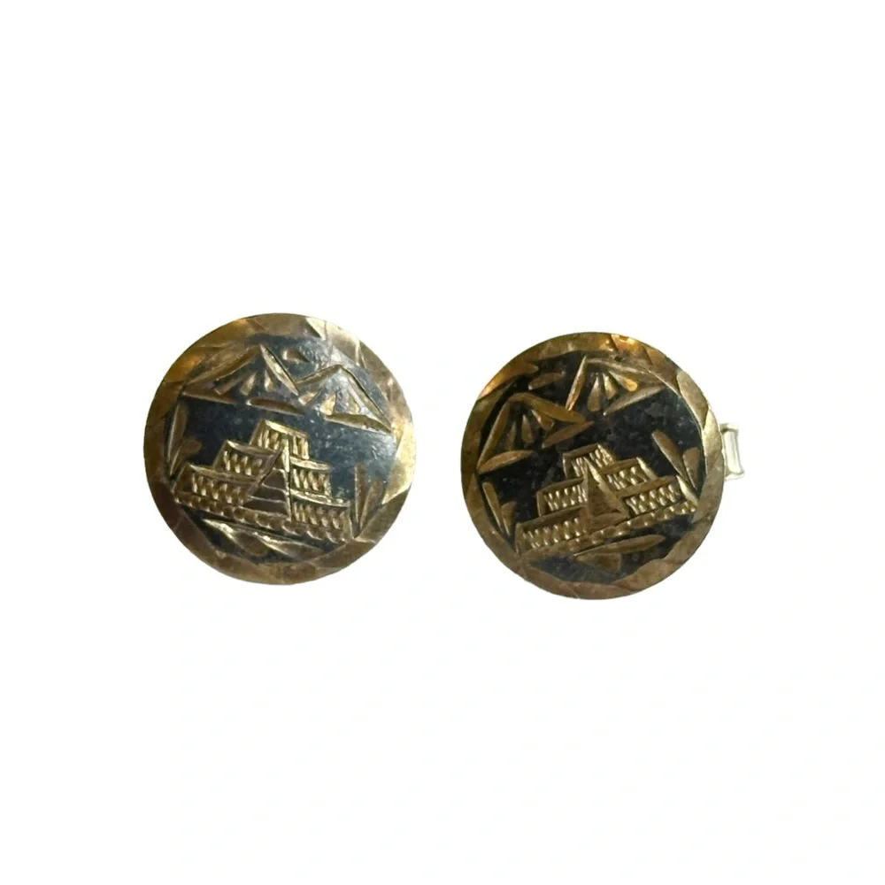 Mexico 925 Vintage Aztec Mayan Temple Alpaca Engraved Cuff Links Sterling Silver
